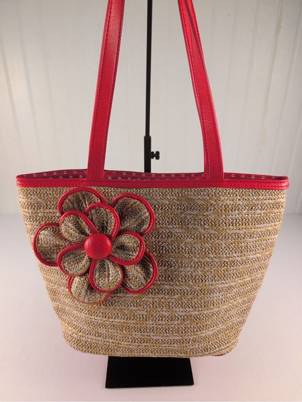 Bueno Straw Tote Bag with Red Flower Accent and Polka Dot Lining